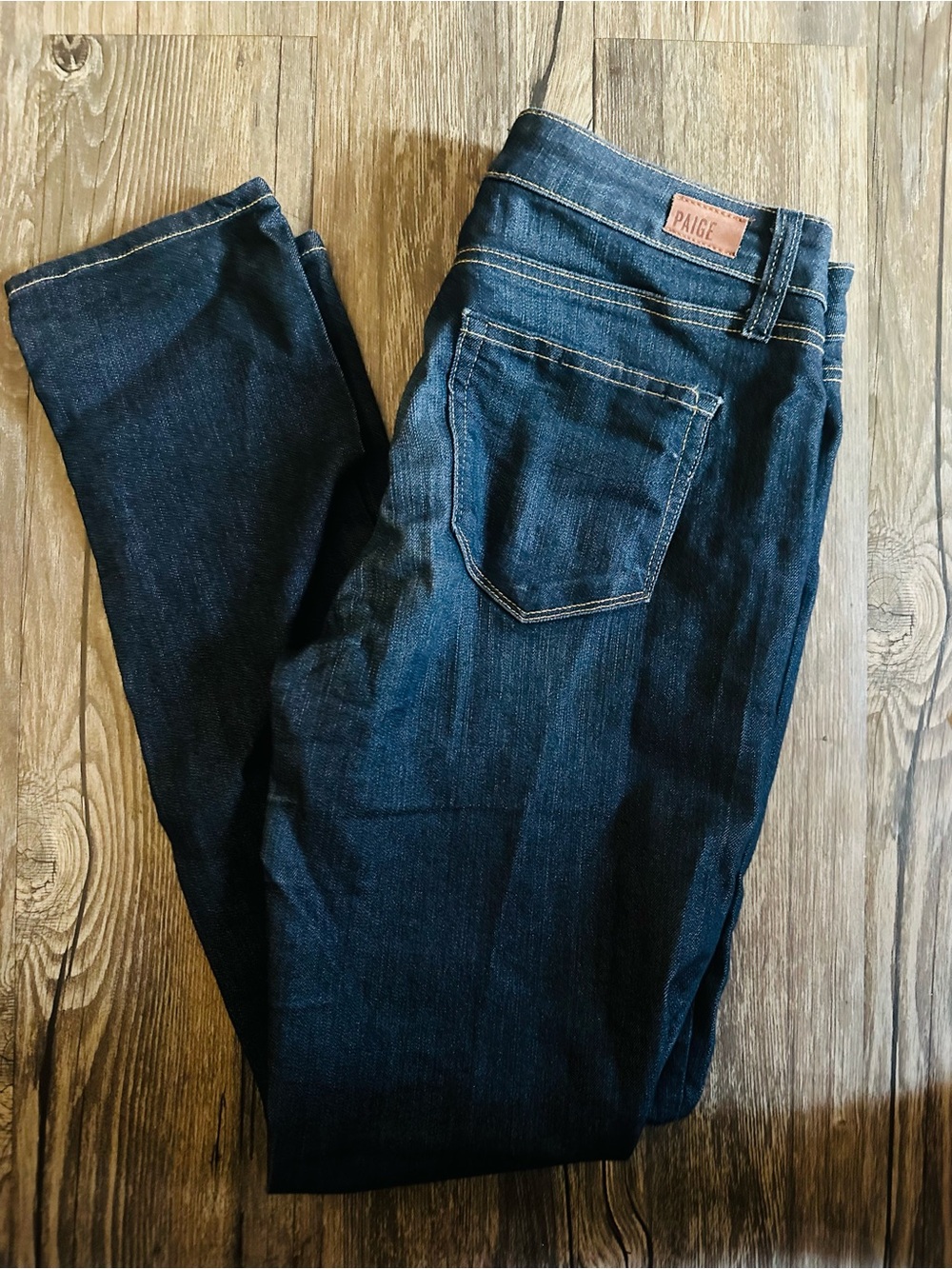 PAIGE Deep Blue Denim Jeans with Brown Leather Patch
